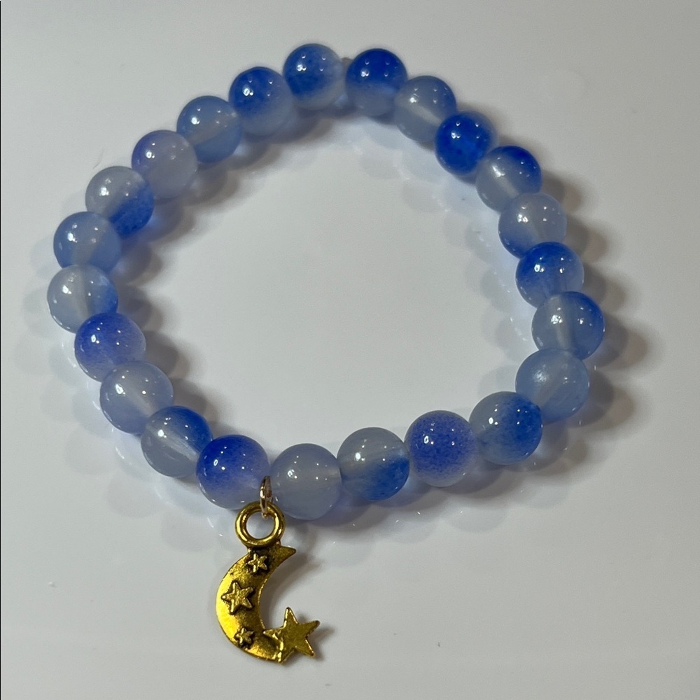 Blue Beaded Bracelet with Gold Moon Charm